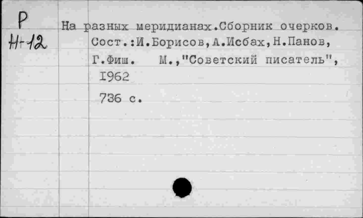 ﻿Г На разных меридианах.Сборник очерков.
/нл	Сост.:И.Борисов,А.Исбах,Н.Панов,
Г.Фиш. М.,"Советский писатель", 1962 736 с.